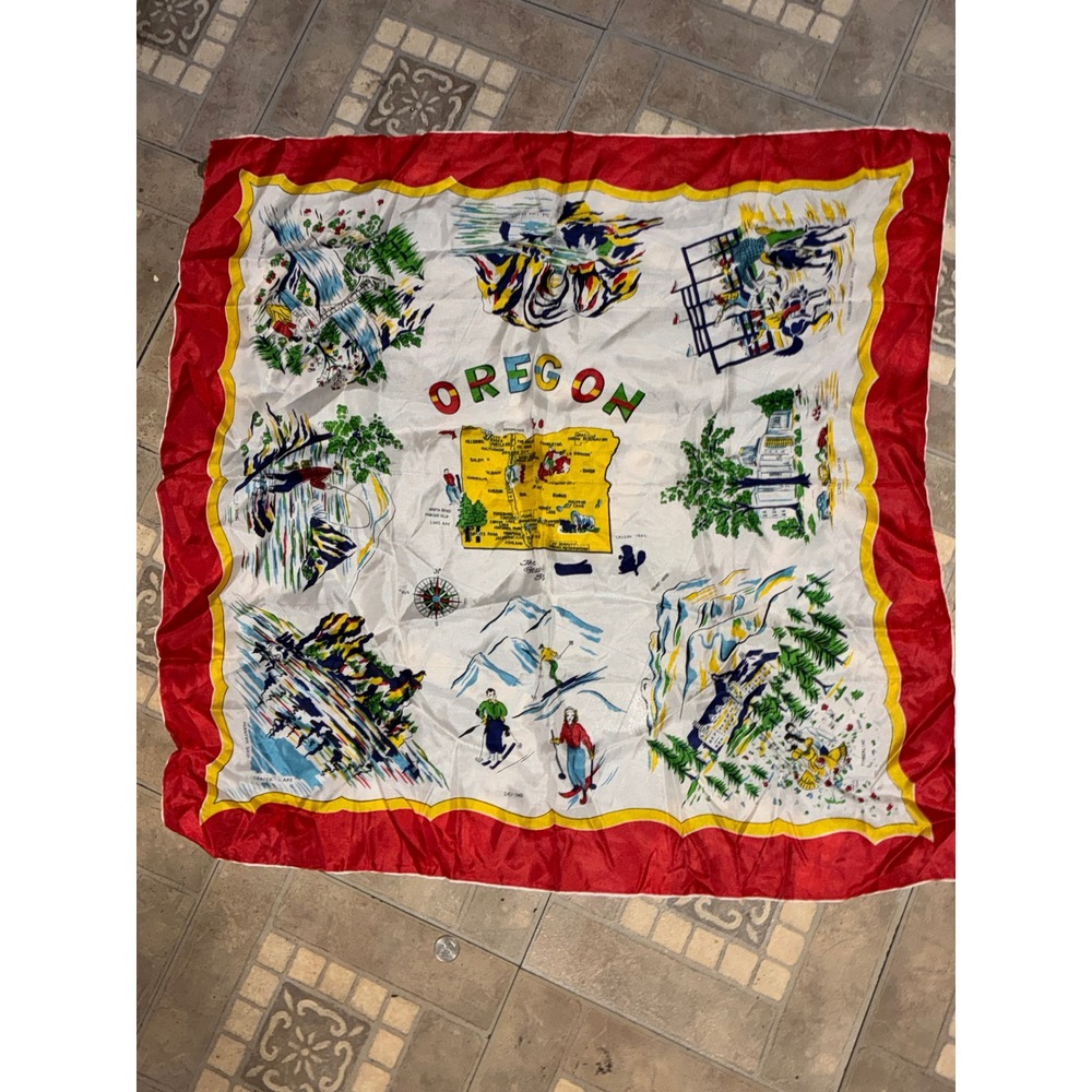 Vintage Oregon Souvenir Scarf Rayon Silk Blend Map Japan Red White Yellow Square
